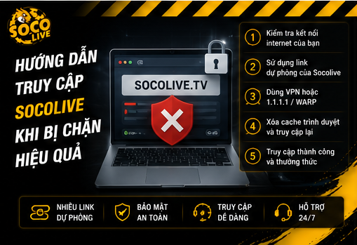 Giao diện trang chủ Socolive với thông tin link dự phòng